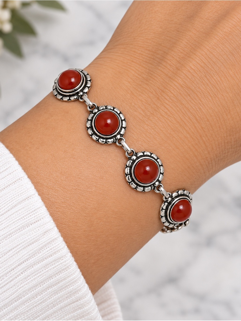Carnelian Gemstone 925 Sterling Silver Adjustable Bracelet - Sizes 6, 7, 8